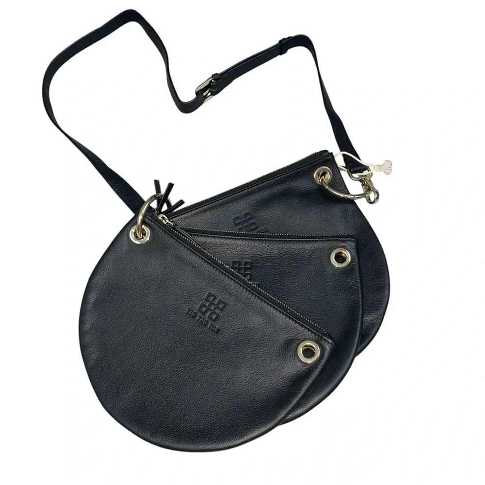 Tic Tac Toe NWT Half Moon Black Crossbody Black Leather 3 in 1 Minimalist Travel